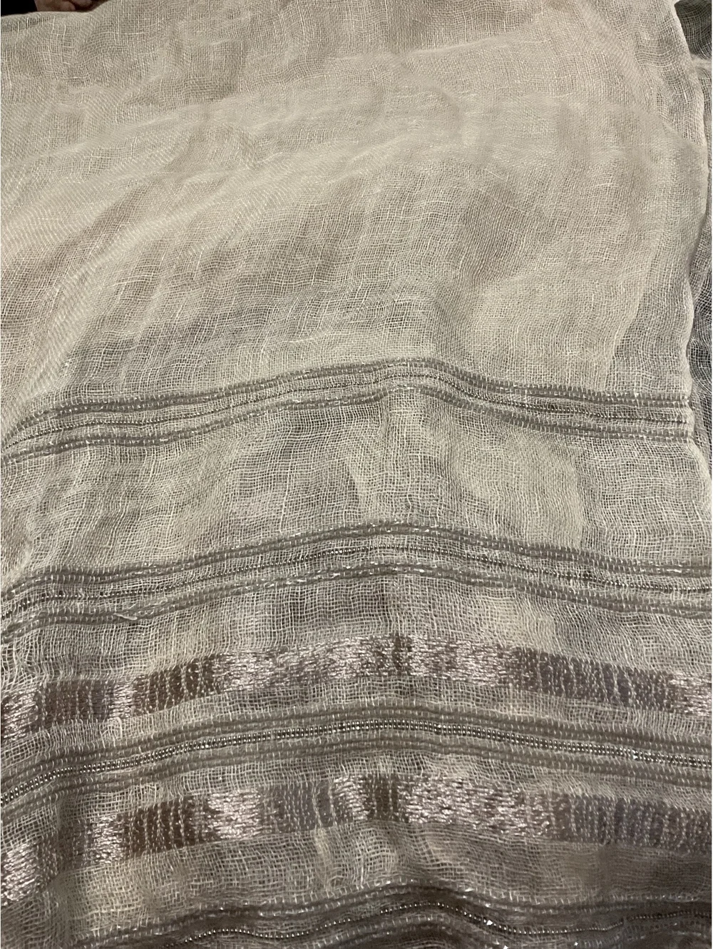 Talbots Lightweight  Linen Beige and Silver Metallic Striped Scarf with Fringe